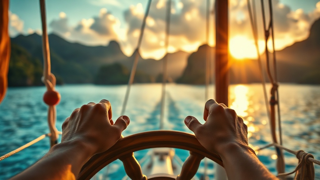 View from a phinisi wheelhouse at dawn approaching Komodo islands